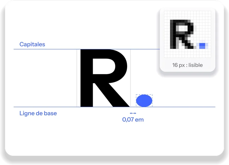 Monogramme R. agrandi et sa version pixelisée, lisible à 16 pixels